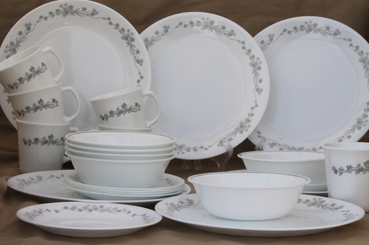Corelle ribbon bouquet grey & white floral pattern dinnerware dishes set for 6