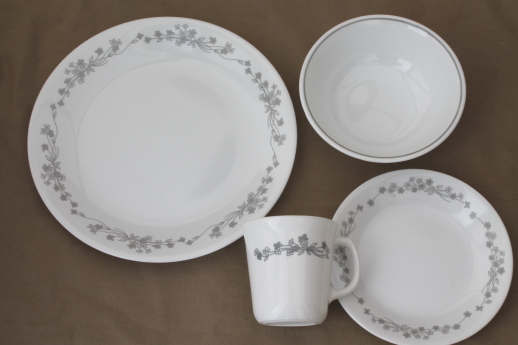 Corelle ribbon bouquet grey & white floral pattern dinnerware dishes set for 6