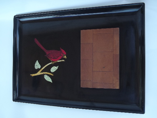 Couroc melmac w/ inlay, red cardinal tray w/ original wood cheese board