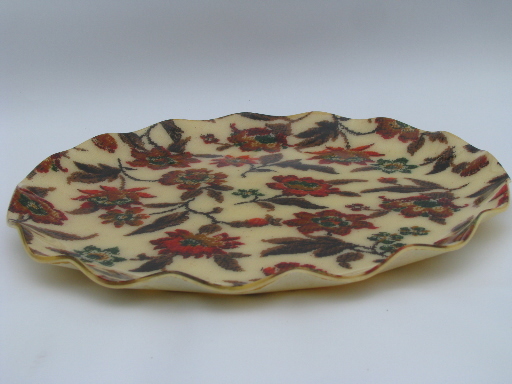 Crewelwork print floral fabric formed art plastic bowl, vintage 'chintz'!