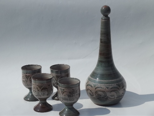 Danish mod 60s pottery decanter carafe and wine glasses, retro drip glaze