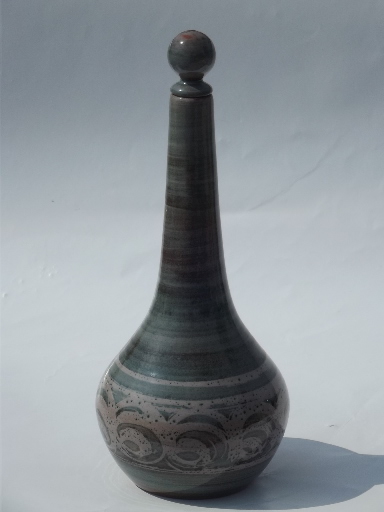 Danish mod 60s pottery decanter carafe and wine glasses, retro drip glaze
