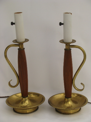 Danish modern teak wood candlestick table lamps, retro 60s vintage