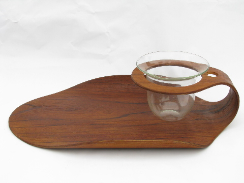 Danish modern vintage 60s Sweden made bentwood serving tray w/ glass bowl