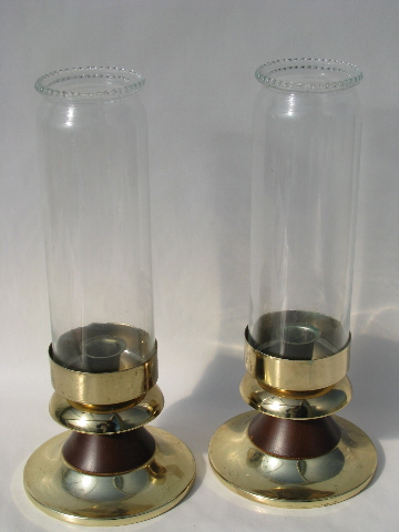 Danish modern vintage candle holders, candlesticks w/ glass chimneys, mod shape