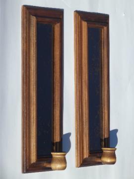 Danish modern vintage candle sconces, retro marbled mirrors in wood frames