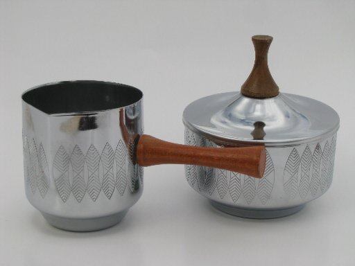 Danish modern vintage chrome cream and sugar, mod leaf pattern, wood handles