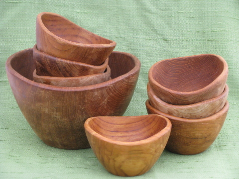 Danish modern vintage teak wood salad bowls set, big mod shape