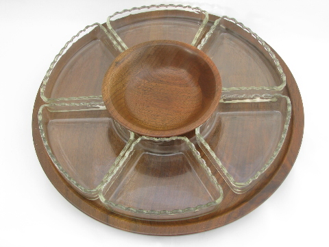 Danish modern vintage walnut wood lazy susan, glass relish trays set