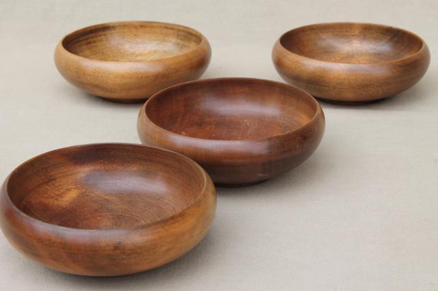 danish modern vintage walnut wood salad bowls, 60s mod minimalist dishes or decor