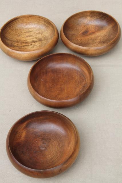 danish modern vintage walnut wood salad bowls, 60s mod minimalist dishes or decor