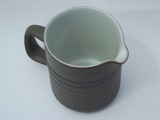 Denby Camelot pattern cream pitcher, matte green stoneware pottery