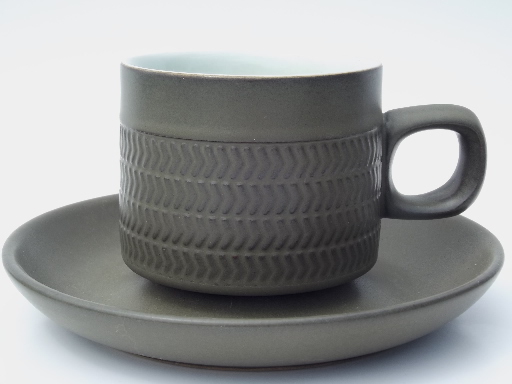 Denby Camelot pattern cups and saucers, matte green stoneware pottery