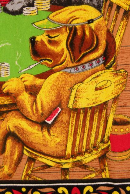 dogs playing poker, vintage print cotton flannel wall hanging for retro rec room or bar