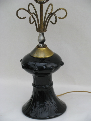 Eames era retro black glaze pottery / mod wire sculpture lamps