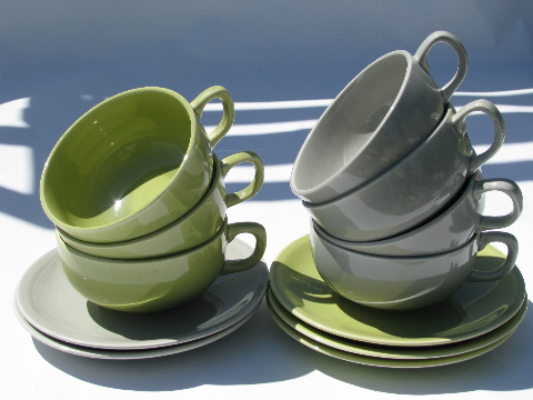 Eames era retro mod pottery dinnerware, grey, chartreuse, maroon solids