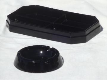 Ebony black glass desk tray & ashtray, art deco vintage desk accessories