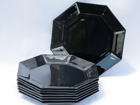 Ebony black Octime pattern glass plates bowls mugs, Arcoroc France