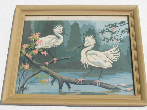 Egrets & Swans paintings, pair retro vintage paint by number pictures