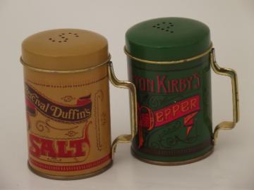 Elton Kirby's pepper & Percival Duffin's salt  shaker tins, vintage Deville