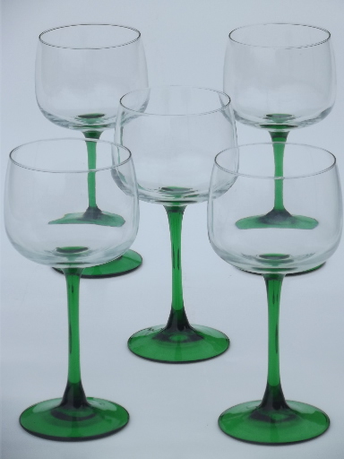 Emerald green stem hock wine glasses, Cris d'arques french glass stemware