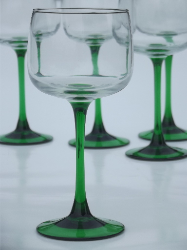 Emerald green stem hock wine glasses, Cris d'arques french glass stemware