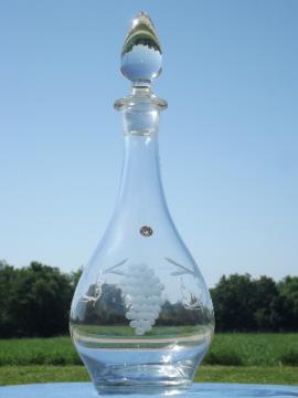 Etched wheel cut grapes crystal decanter bottle w/ ground glass stopper