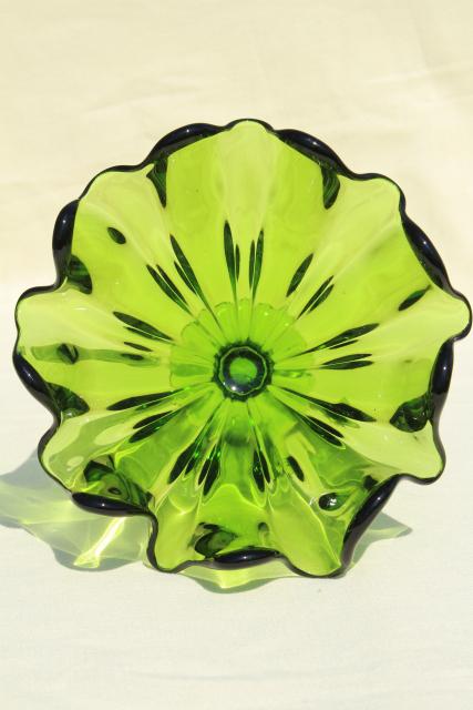 fern green glass footed vase or flower bowl, vintage Viking glass Epic line