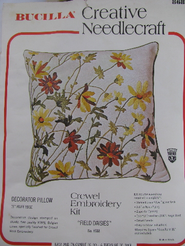 Field of daisies, 60s-70s retro crewel embroidery kit, pure linen, wool yarns