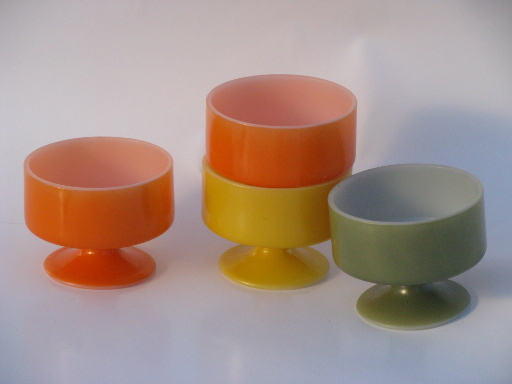 Fired on colored glass footed dishes, retro orange, gold, avocado green