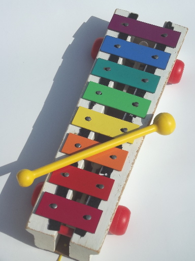 Fisher-Price xylophone, 60s 70s vintage metal chime wood pull toy