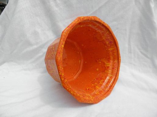 Flame orange spatter glaze planter pot, 70s retro handmade ceramic