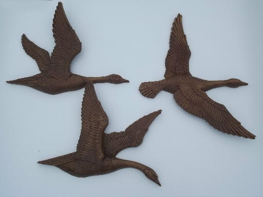 Flying geese huge plastic game birds plaques, vintage Syroco wall art