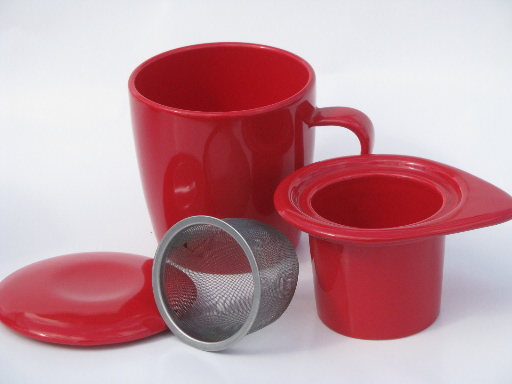Forlife tea mugs set, red and black cups w/ tea infuser and ceramic cover