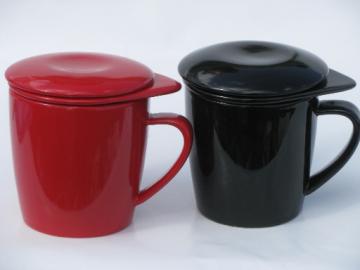 Forlife tea mugs set, red and black cups w/ tea infuser and ceramic cover