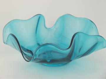 Free form art glass bowl, mid-century mod hand blown glass handkerchief dish