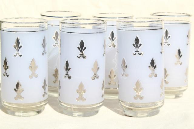 french fleur de lis silver / white frosted glass tumblers, mod vintage bar glasses