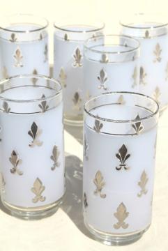 french fleur de lis silver / white frosted glass tumblers, mod vintage bar glasses