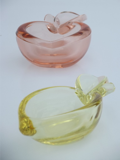 Fruit dishes, or art glass ashtrays - yellow glass lemon, pink glass apple