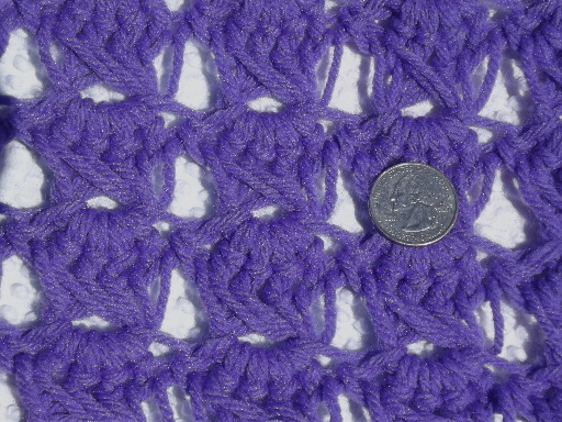 Funky 70s vintage crochet afghan in true purple with white stripes
