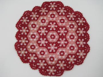 Funky pretty pink beaded doily, retro vintage plastic bead table mat