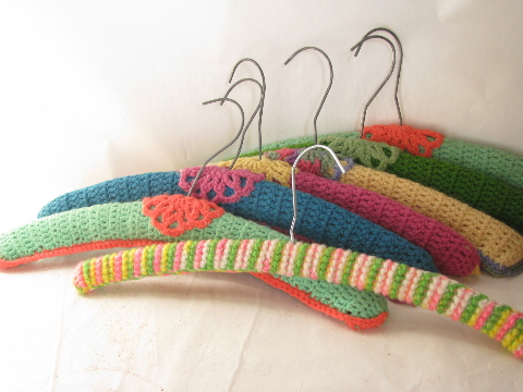 Funky retro yarn crochet covered wood clothes hangers, 1960s vintage