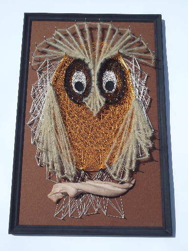 Fuzzy brown owl, retro 70s vintage string art, large wood wall plaque