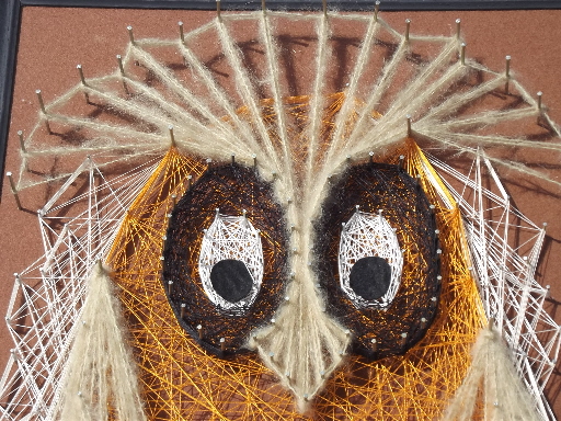 Fuzzy brown owl, retro 70s vintage string art, large wood wall plaque