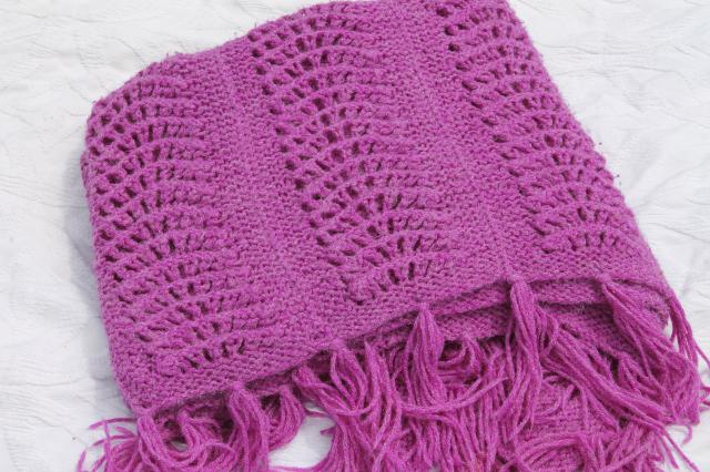 fuzzy magenta purple knit lace afghan throw, retro vintage cuddly wrap blanket