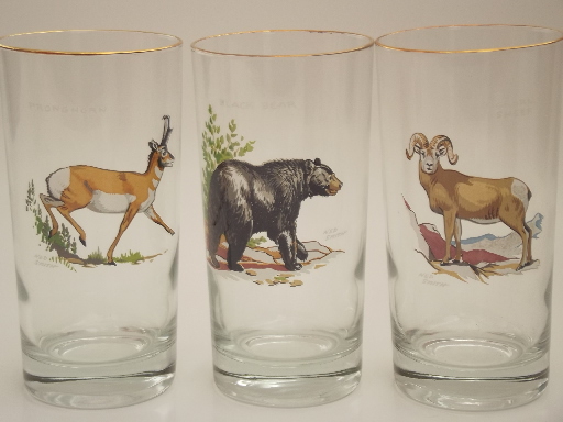 Gander Mt. game animals drinking glasses set, vintage West Virginia glass