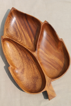Genuine Monkey pod wood carved leaf serving dish tray for a tropical tiki bar