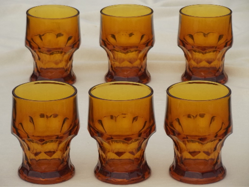 Georgian thumbprint pattern amber glass glasses, flat tumblers set of 6