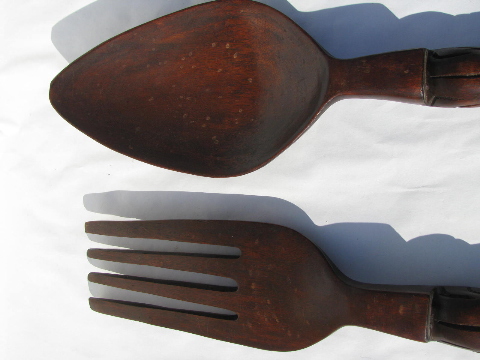 Giant fork & spoon, retro tiki vintage carved wood kitchen wall plaques