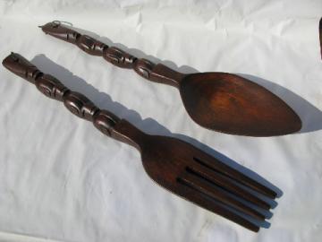 Giant fork & spoon, retro tiki vintage carved wood kitchen wall plaques